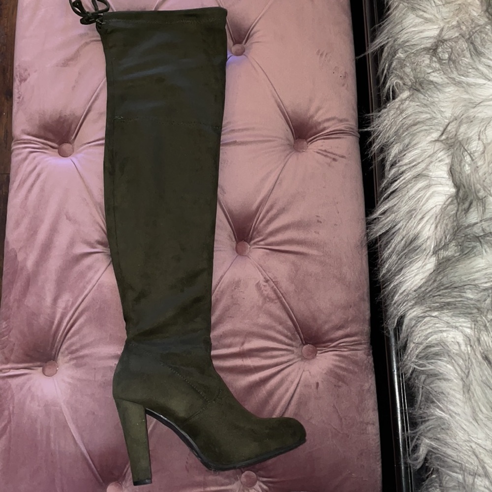 Army green suede thigh high heeled boots